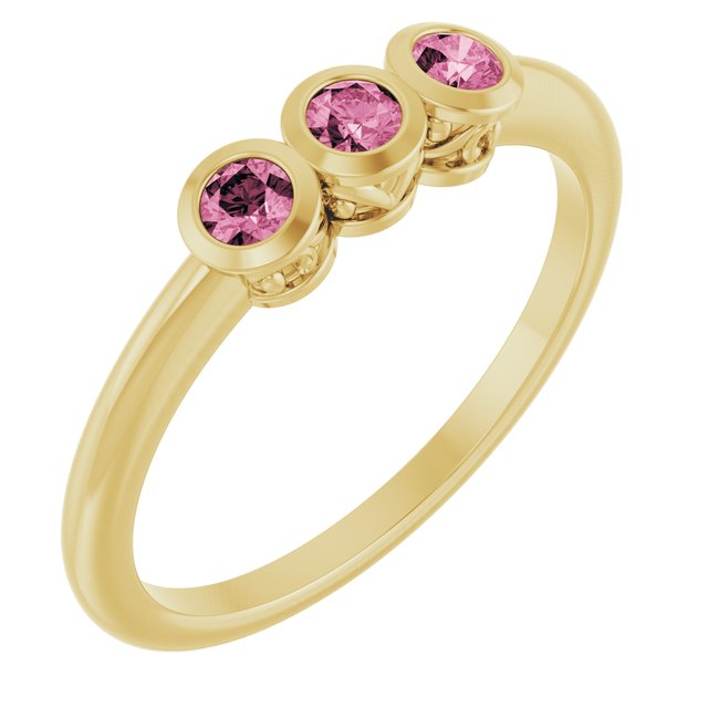 14K Yellow Natural Pink Tourmaline Three-Stone Ring